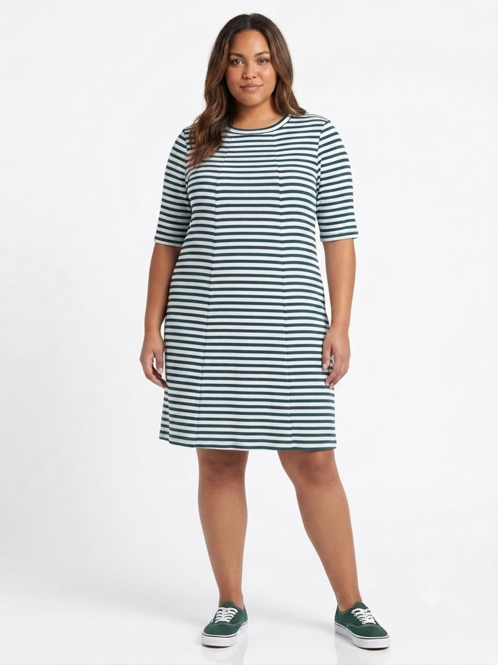 White and Dark Green Striped Midi Dress